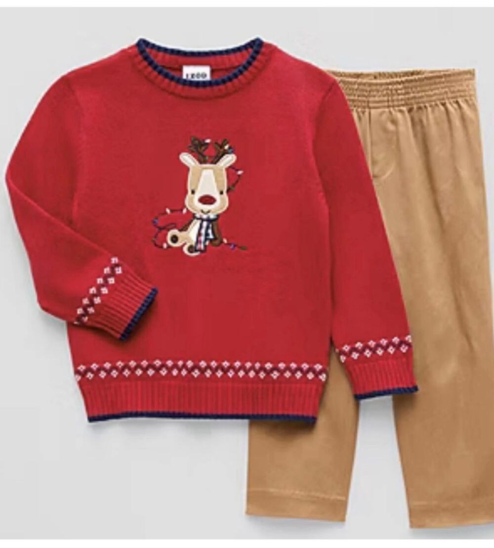 NEW! IZOD Kids Christmas Holiday 2PC Reindeer Graphic Crewneck Sweater Set 2T